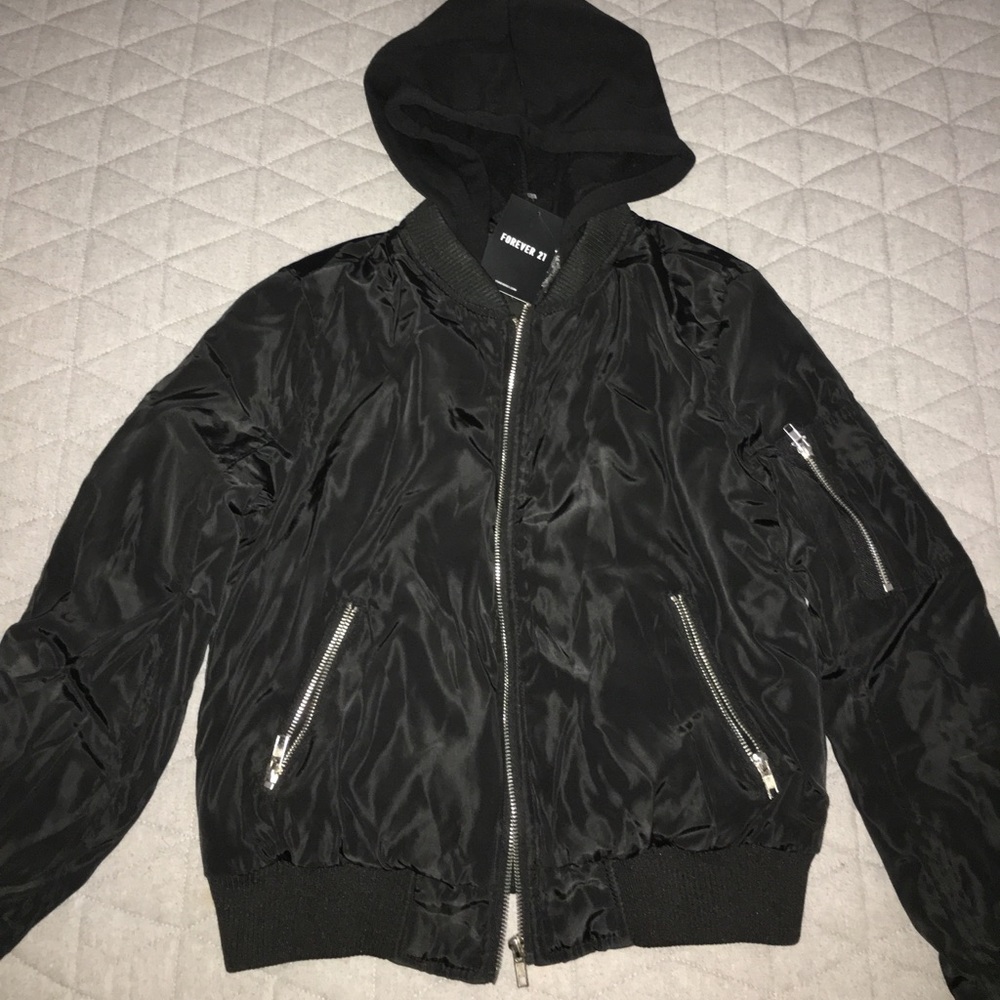 black hooded bomber jacket